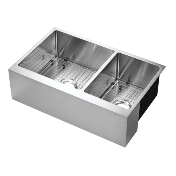 482-6805 Belleville 33" x 21" 60/40 Double Bowl R15 Radius Corner Under-Mount Apron Front Farm Sink