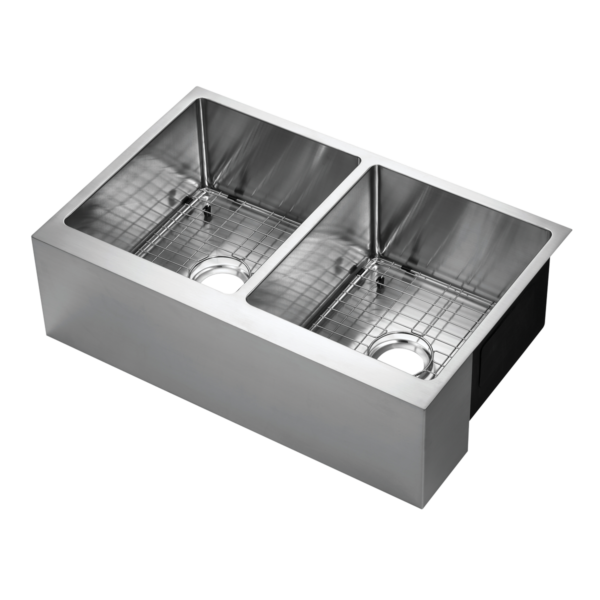 482-6806 Belleville 33" x 21" 50/50 Double Bowl R15 Radius Corner Under-Mount Apron Front Farm Sink